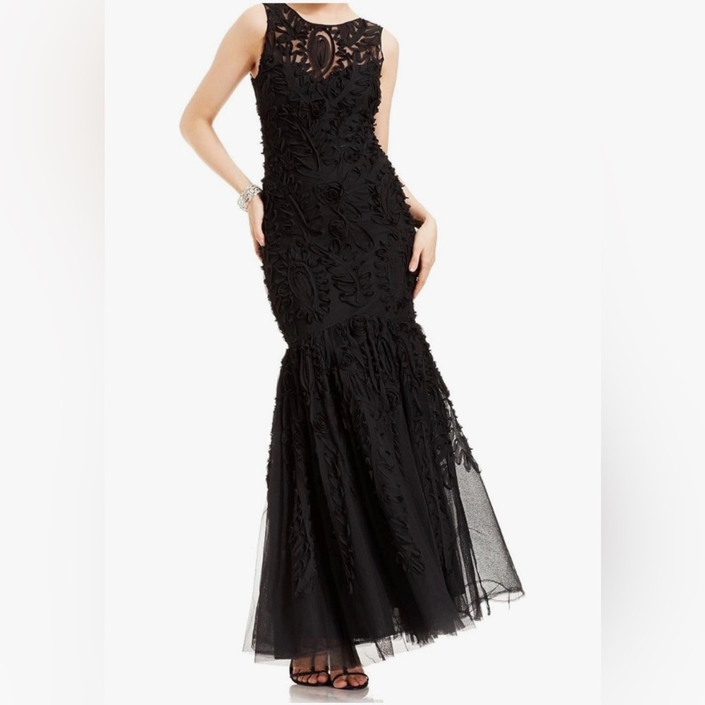 JS Collections Black Chiffon Soutache Mermaid Gown w Sheer Top, V back, Size 4